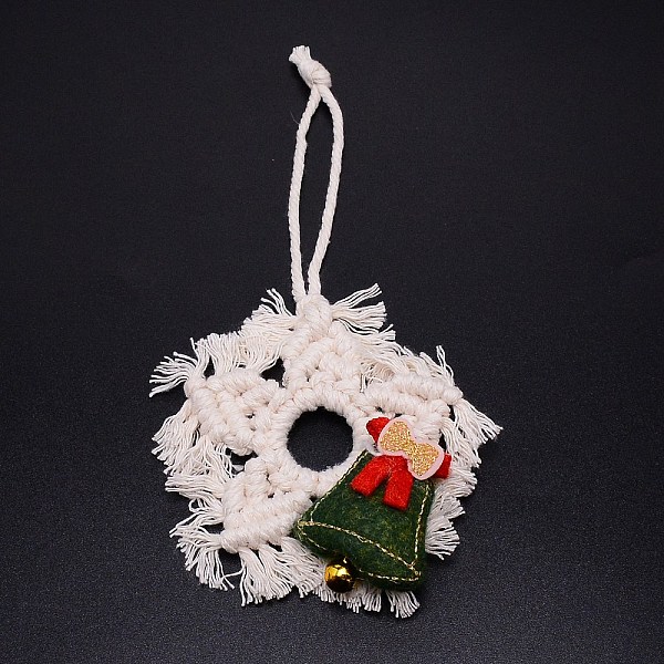 

PandaHall Christmas Theme Snowflake Knitting Pendant Decorations, with Cotton Cord & Bell, Creamy White, 200mm Cotton Snowflake