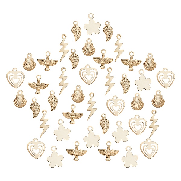 

PandaHall SUNNYCLUE 48Pcs 6 Style Brass Charms, Leaf & Bird & Shell & Flower & Lightning & Heart, Real 24K Gold Plated, 8pcs/style Brass...