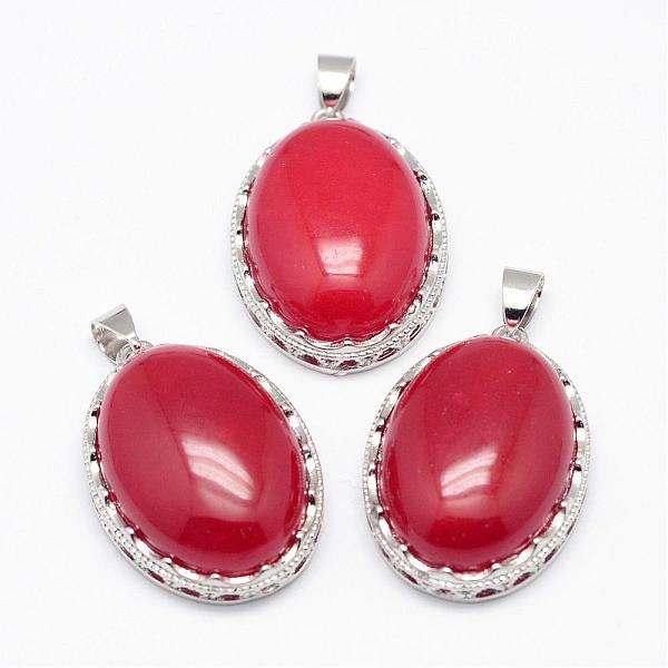 

PandaHall Natural Jade Pendants, with Brass Findings, Oval, Dyed, Platinum, 30x21x10~11mm, Hole: 6x4mm Jade Oval