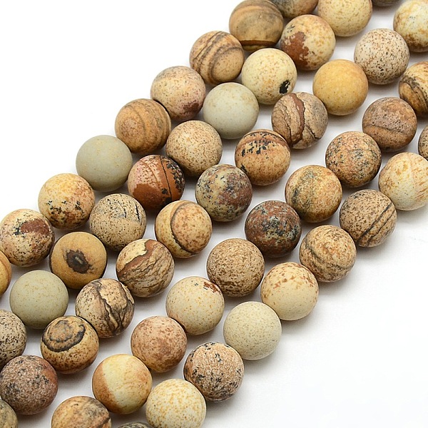 

PandaHall Frosted Natural Picture Jasper Round Bead Strands, 10mm, Hole: 1mm, about 37~39pcs/strand, 14.9~15.6 inch Picture Jasper Round