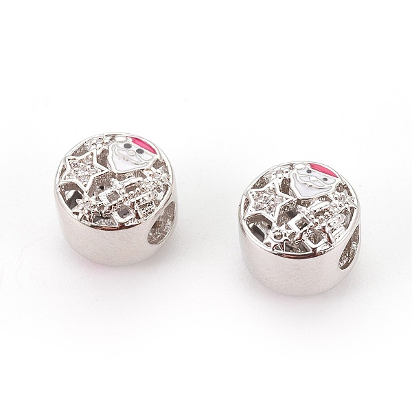 

PandaHall Brass European Beads, with Enamel and Micro Pave Cubic Zirconia, Large Hole Beads, Flat Round with Father Christmas, Platinum..., White