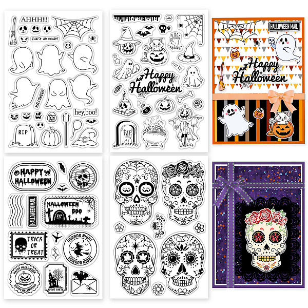 

PandaHall GLOBLELAND 4Pcs Halloween Clear Stamp Ghosts Silicone Clear Stamp Skeletons Scarecrow Pumpkins Rubber Stamps for Scrapbook Journal...