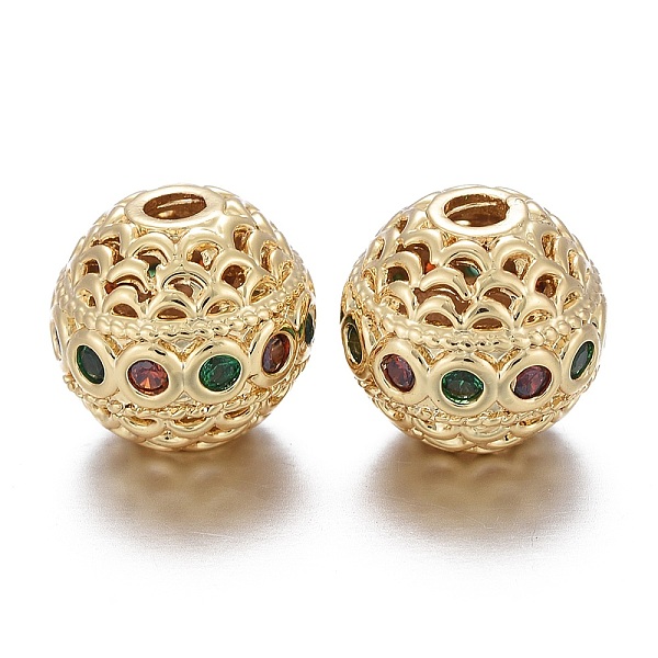 

PandaHall Brass Micro Pave Cubic Zirconia Beads, Hollow, Long-Lasting Plated, Round, Red & Green, Real 18K Gold Plated, 10.5x10mm, Hole...