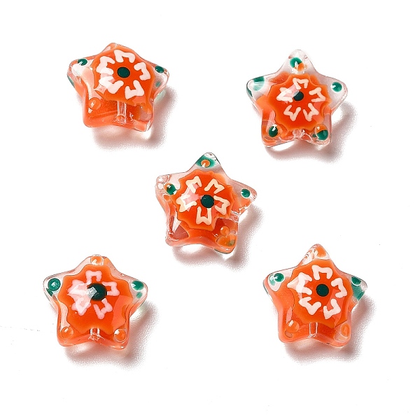 

PandaHall Handmade Lampwork Beads, Star with Flower Pattern, Orange Red, 12~12.5x12.5~13x6~6.5mm, Hole: 0.9~1mm Lampwork Star