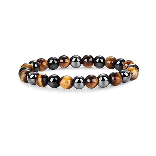 8mm Round Naturla Tiger Eye & Synthetic Non-magnetic Hematite Beaded Stretch Bracelets For Women Men