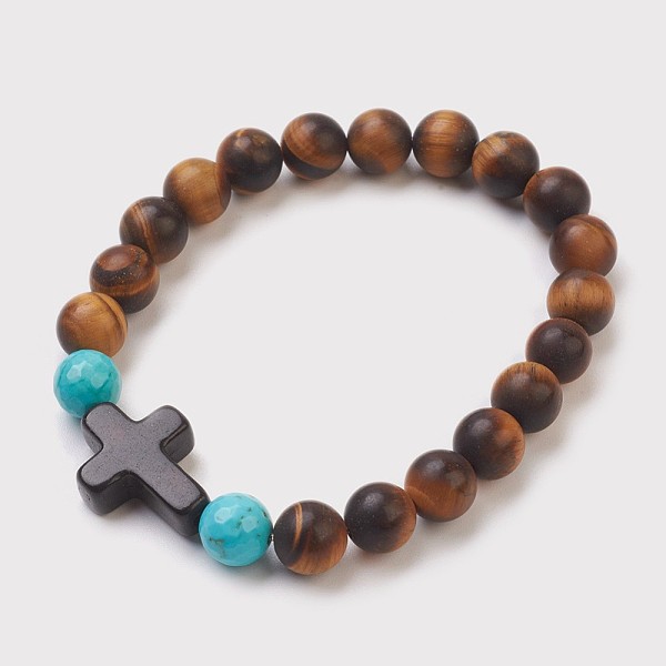 

PandaHall Handmade Porcelain Beads Stretch Bracelets, with Natural Tiger Eye and Synthetic Turquoise(Dyed) Beads, Frosted, Round, 2 inch..., Black