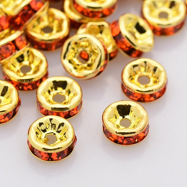 

PandaHall Brass Rhinestone Spacer Beads, Grade A, Straight Flange, Golden Metal Color, Rondelle, Hyacinth, 6x3mm, Hole: 1mm Brass+Rhinestone..., Red