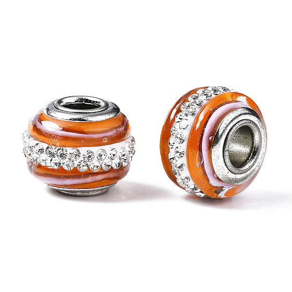 

PandaHall Handmade Lampwork European Beads, with Polymer Clay Rhinestone, Large Hole Rondelle Beads, with Platinum Tone Brass Double Cores..., Orange