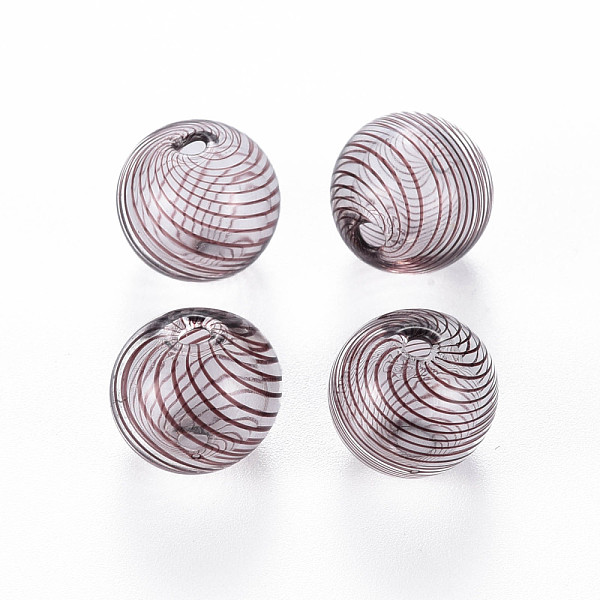 

PandaHall Transparent Handmade Blown Glass Globe Beads, Stripe Pattern, Round, Sienna, 12.5~13.5mm, Hole: 1.2~2mm Glass Round Brown
