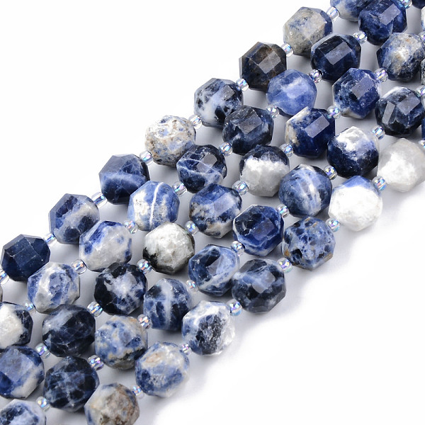 PandaHall Natural Sodalite Beads Strands, Round, Faceted, 8~9x10mm, Hole: 1.2mm, about 33~35pcs/strand, 15.16inch(38.5cm) Sodalite Round