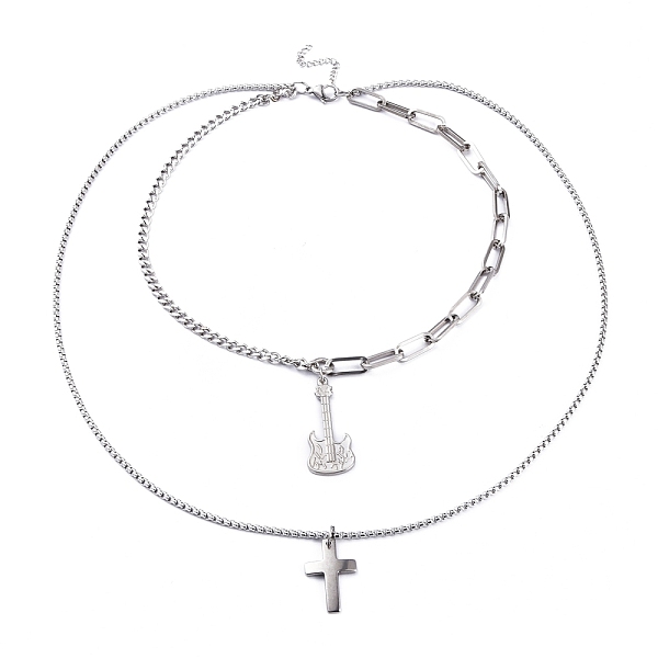 

PandaHall 304 Stainless Steel Double Layer Necklaces, with Curb Chains & Paperclip Chains & Box Chains, Cross and Guitar, Stainless Steel...
