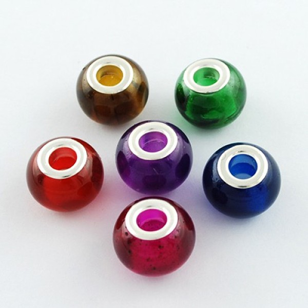 

PandaHall Mixed Large Hole Rondelle Spray Painted Glass European Beads, with Silver Color Plated Brass Double Cores, 15x12mm, Hole: 5mm..., Multicolor