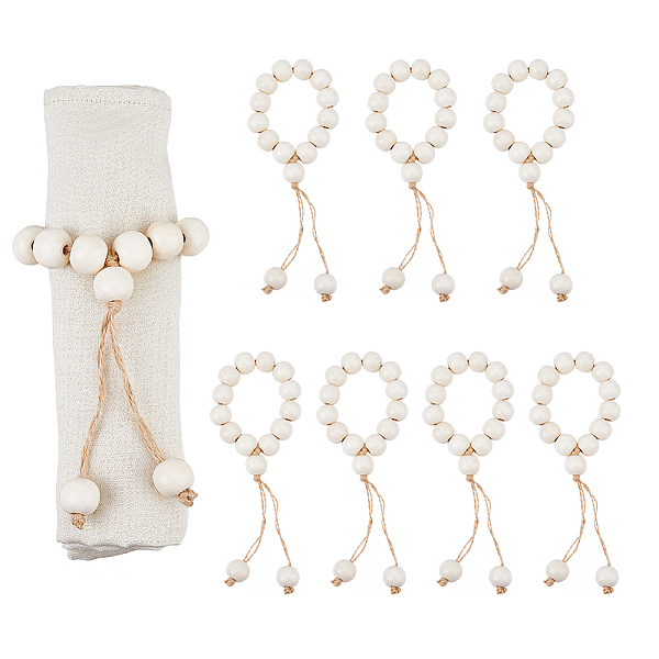 

PandaHall Wooden Beaded Napkin Rings, Napkin Holder Adornment, with Jute Tassel, Creamy White, Inner Diameter: 5.5cm, 8pcs/set Wood Round