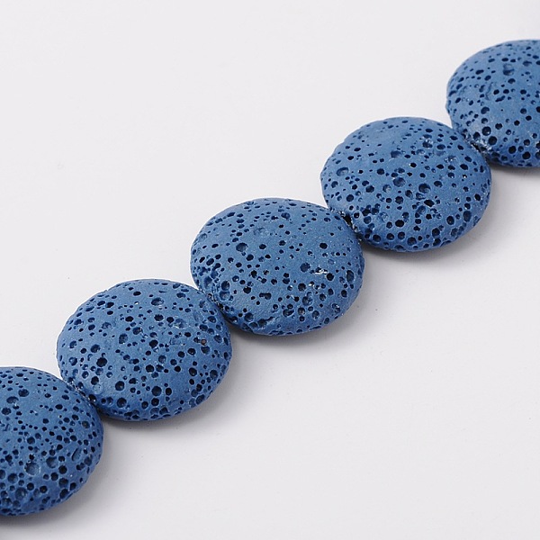 

PandaHall Lentil Dyed Synthetic Lava Rock Beads Strands, Blue, 20x7mm, Hole: 1mm, about 19pcs/strand, 15.3 inch Lava Rock Flat Round Blue
