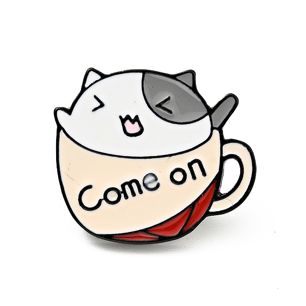PandaHall Coffee Cup Cat Enamel Pin, Word Come On Alloy Badge for Backpack Clothes, Electrophoresis Black, Bisque, 21x25.5x2mm Alloy+Enamel...