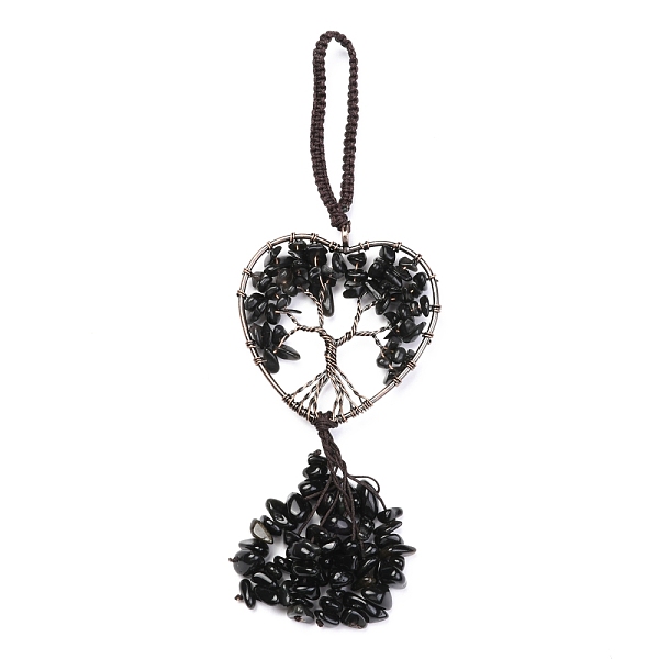 

PandaHall Wire Wrapped Chips Natural Obsidian Big Pendant Decorations, with Red Copper Plated Brass Wires and Nylon Cord, Heart with Tree of...