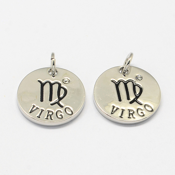 

PandaHall Alloy Pendants, with Rhinestone, Flat Round, with Constellation/Zodiac Sign, Platinum, Virgo, 22x2.5mm, Hole: 5.5mm..., Clear