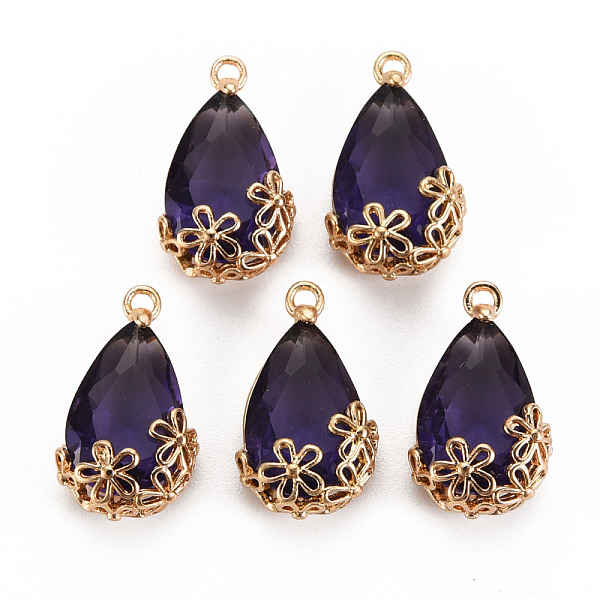 

PandaHall Transparent Glass Pendants, for DIY Jewelry Making, with Brass Findings, Faceted, Teardrop with Flower, Light Gold, Indigo..., Purple
