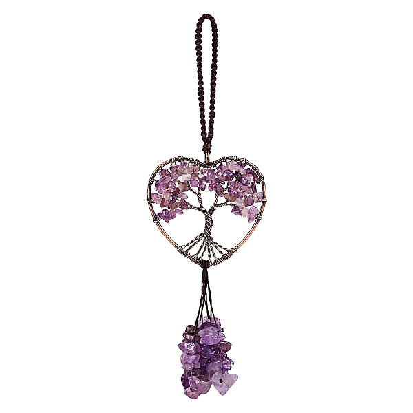 

PandaHall Wire Wrapped Chips Natural Amethyst Big Pendant Decorations, with Red Copper Plated Brass Wires and Nylon Cord, Heart with Tree of...