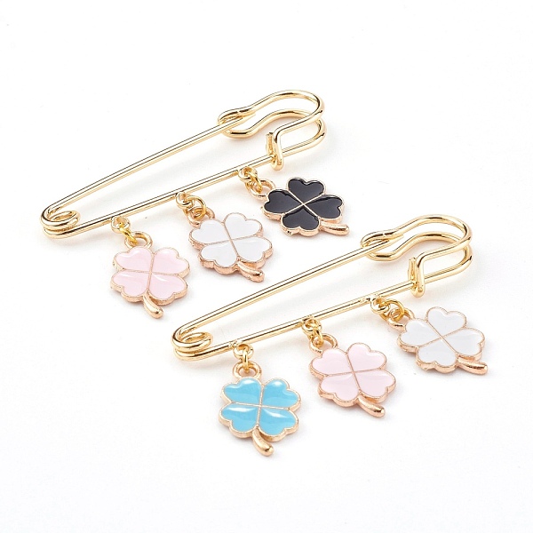 

PandaHall Brass Safety Brooch, with Alloy Enamel Pendants, Clover, Golden, Colorful, 31mm Brass