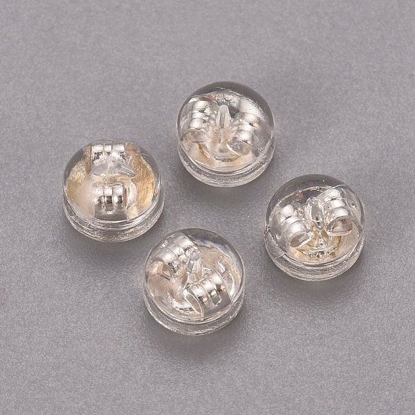 

PandaHall Brass & Plastic Ear Nuts, Earring Backs, Long-Lasting Plated, Half Round, Silver Color Plated, 5.5x4mm, Hole: 0.6mm Plastic Clear