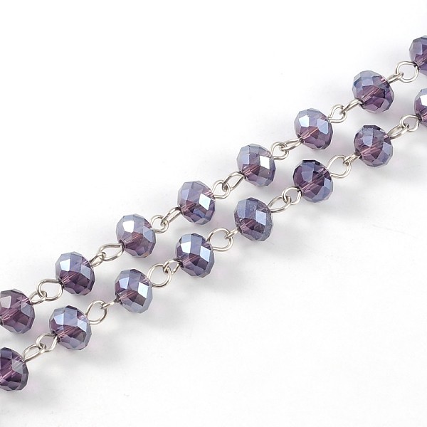

PandaHall Handmade Rondelle Glass Beads Chains for Necklaces Bracelets Making, with Iron Eye Pin, Unwelded, Platinum, Medium Orchid, 39.3..., Purple
