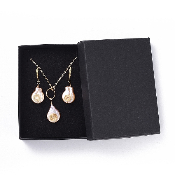 

PandaHall Natural Baroque Pearl Keshi Pearl, Cultured Freshwater Pearl Jewelry Sets, Pendant Necklaces and Dangle Earrings, with Brass Cable..., Pink