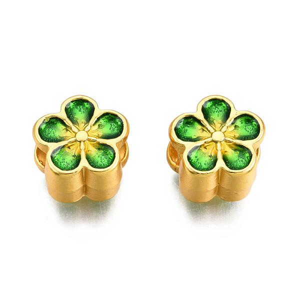 

PandaHall Rack Plating Eco-Friendly Alloy Enamel European Beads, Large Hole Beads, Cadmium Free & Lead Free, Matte Gold Color, Flower, Green...