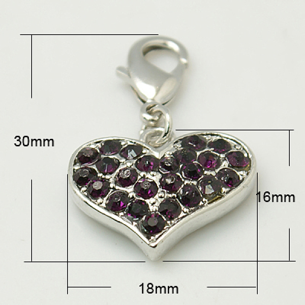 

PandaHall Alloy Rhinestone Pendants, Cadmium Free & Lead Free, Grade A, with Lobster Clasp, Heart, Platinum Metal Color, Amethyst, 30x18x4mm..., Purple