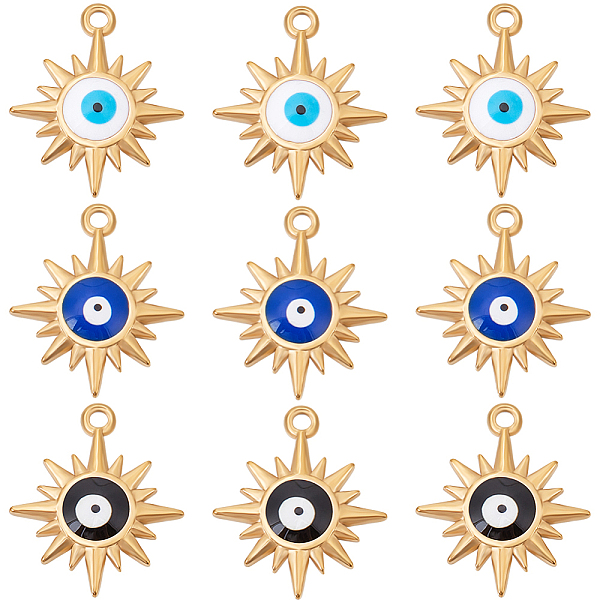 

PandaHall Beebeecraft 9Pcs 3 Colors Real 18K Gold Plated 304 Stainless Steel Pendants, with Enamel, Sun with Evil Eye Charm, Mixed Color..., Multicolor