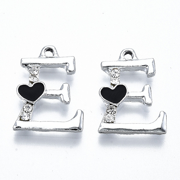

PandaHall UV Plated Alloy Enamel Pendants, with Rhinestone, Letter E, Cadmium Free & Lead Free, Platinum, Black, 20x15x3mm, Hole: 1.6mm...