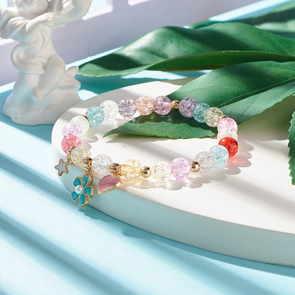

PandaHall Candy Color Round Beaded Stretch Bracelet with Heart Star Flower Charm for Women, Colorful, Inner Diameter: 2 inch(5cm) Acrylic