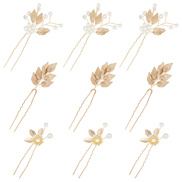 9 Pcs 3 Styles Bridal Leaf Alloy Hair Forks, Light Gold Long Classic 2 Prong Bun Hair Sticks Hair Chopsticks for Buns Women Hairstyle Accessories