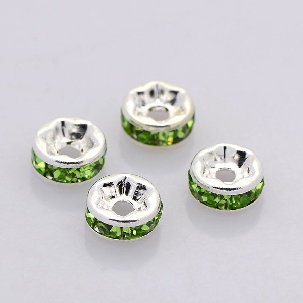 

PandaHall Brass Rhinestone Spacer Beads, Grade AAA, Straight Flange, Nickel Free, Silver Color Plated, Rondelle, Peridot, 5x2.5mm, Hole: 1mm..., Green