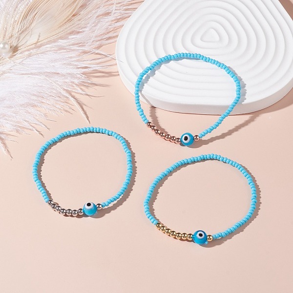 

PandaHall Evil Eye Stretch Bracelets Set for Girl Women, Lampwork & Glass Seed & Brass Beads Bracelets, Dainty Thin Bracelets, Deep Sky Blue...