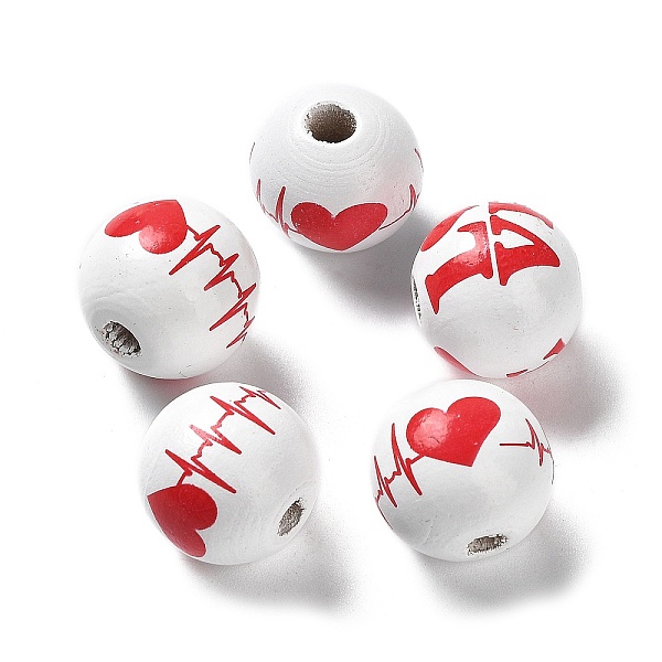 

PandaHall Valentine's Day Theme Printed Wood Beads, Round, Heart, 15~16x14.5~15mm, Hole: 3~4mm Wood Heart Red