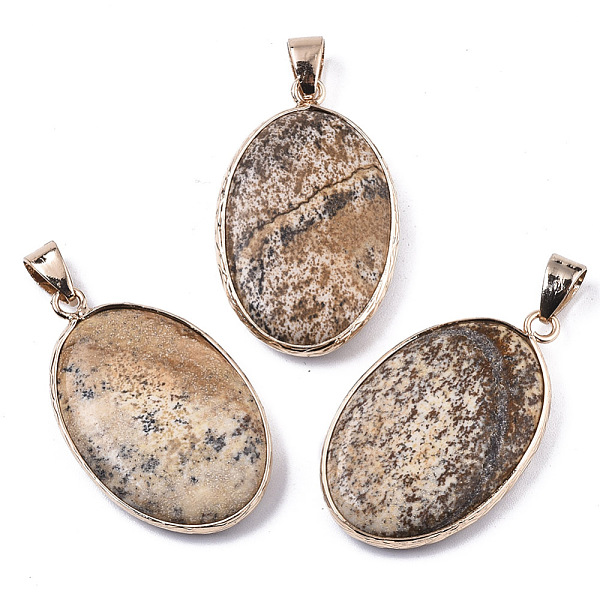 

PandaHall Natural Picture Jasper Pendants, with Light Gold Plated Brass Edge and Snap on Bail, Oval, 35~36x21.5x6.5mm, Hole: 6x9mm Picture...