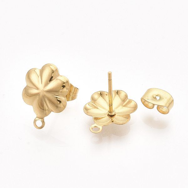 

PandaHall 304 Stainless Steel Stud Earring Findings, with Loop and Ear Nuts/Earring Backs, Flower, Golden, 13.5x10mm, Hole: 1mm, Pin: 0.7mm...