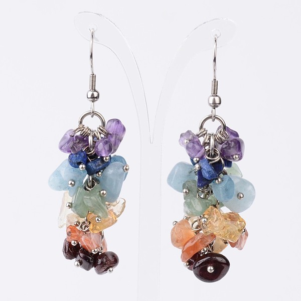 

PandaHall Chakra Mixed Gemstone Cluster Earrings, with 304 Stainless Steel Pins, 55mm, Pin: 0.6mm Mixed Stone