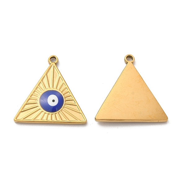 

PandaHall Vacuum Plating 201 Stainless Steel Pendants, with Enamel,Real 18K Gold Plated, Triangle, Evil Eye, Blue, 22x22x3mm, Hole: 2mm...