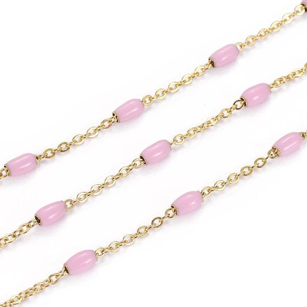 

PandaHall Ion Plating(IP) 304 Stainless Steel Cable Chains, with Enamel Oval Beads, Soldered, with Spool, Flat Oval, Golden, Pearl Pink...