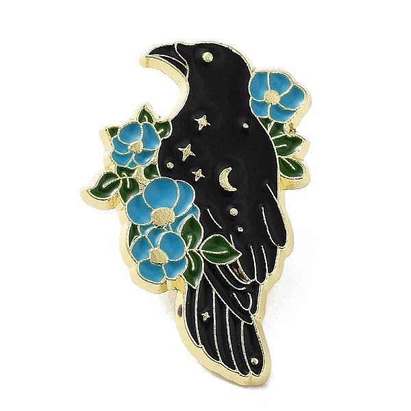 PandaHall Crow & Flower Enamel Pins, Light Gold Alloy Brooch for Backpack Clothes, Deep Sky Blue, 32x20x1.5mm Alloy+Enamel Raven Black
