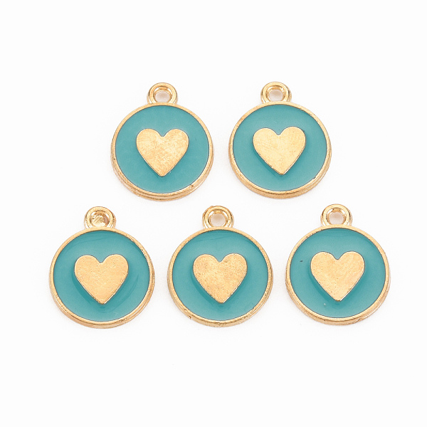 

PandaHall Alloy Enamel Pendants, Cadmium Free & Lead Free, Light Gold, Flat Round with Heart, Dark Cyan, 16x13x2mm, Hole: 1.6mm Alloy+Enamel...