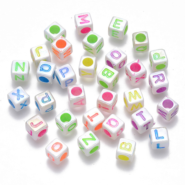 PandaHall Plated AB Color Acrylic Beads, Horizontal Hole, Cube with Initial Letter, Mixed Color, Random Mixed Letters, 6x6x6mm, Hole: 3.5mm...