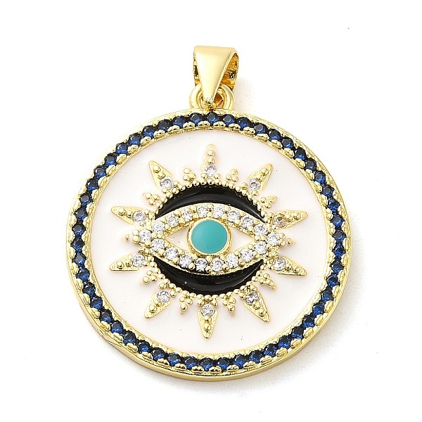

PandaHall Real 18K Gold Plated Brass Clear Cubic Zirconia Pendants, with Enamel, Flat Round with Evil Eye, Floral White, 25x22.5x2.5mm, Hole...