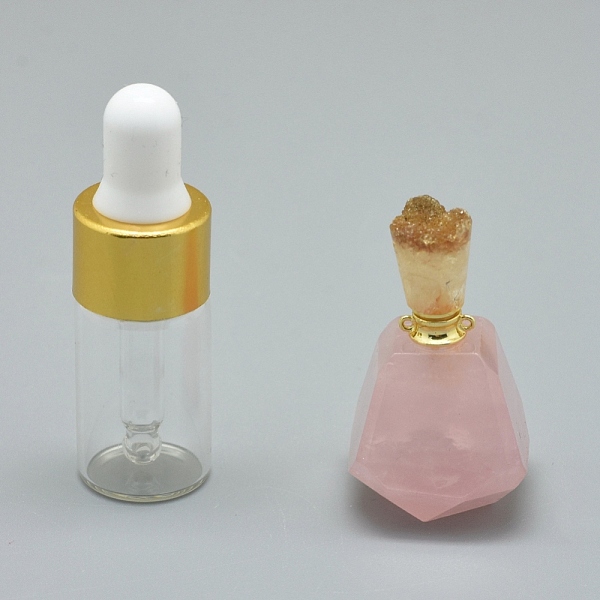 PandaHall Faceted Natural Rose Quartz Openable Perfume Bottle Pendants, with Brass Findings and Glass Essential Oil Bottles, 33~37x18~22mm...