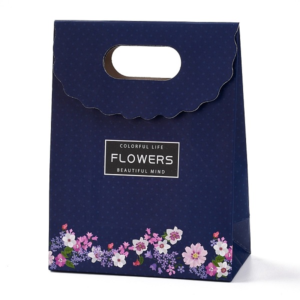 PandaHall Rectangle Paper Flip Gift Bags, with Handle & Word & Floral Pattern, Shopping Bags, Prussian Blue, 12.3x6x16.1cm Paper Flower