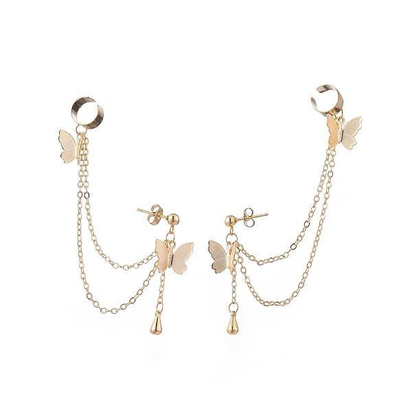 

PandaHall Brass Butterfly with Hanging Chain Dangle Stud Earrings, 304 Stainless Steel Long Drop Earrings with Ear Cuffs for Women, Golden...