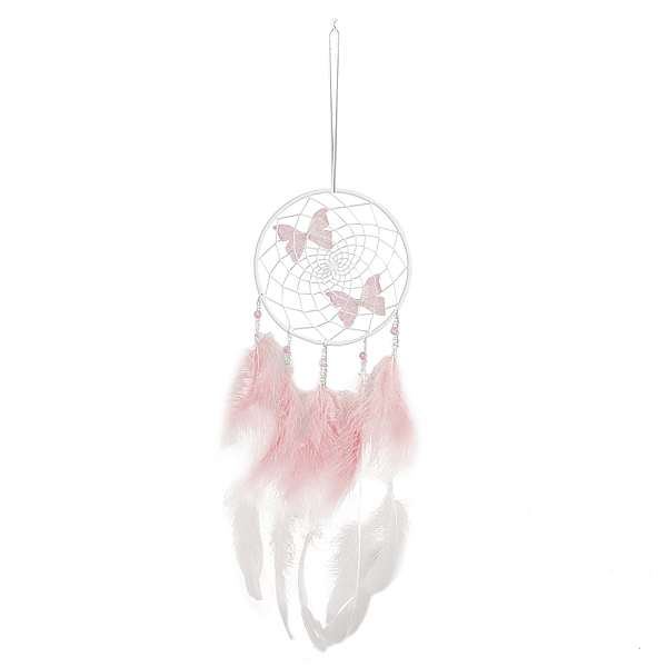

PandaHall SUPERFINDINGS Woven Net/Web with Feather & Butterfly Pendant Decorations, Cotton Wrapped Iron Hanging Ornament, Pink, 660mm...