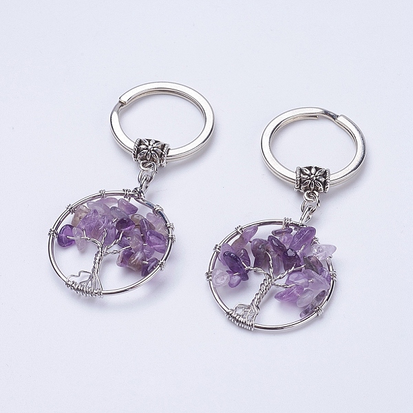 

PandaHall Natural Amethyst Keychain, with Iron Key Rings and Brass Finding, Flat Round with Tree of Life, 65~67mm, 36x29x5~8mm Amethyst Flat...